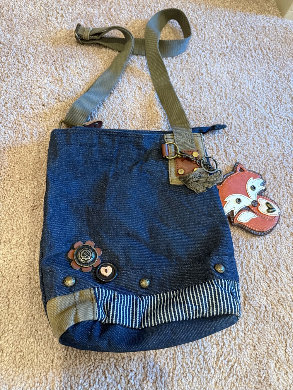 Chala Navy Blue Denim Crossbody Tote with Olive Strap and Brown Accents with Fox
